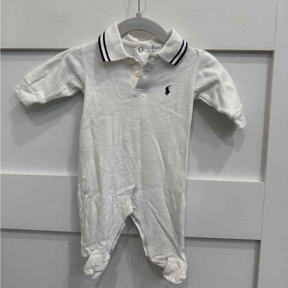 Ralph Lauren White Kids Footie with Navy Accents